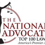 Banner containing graphic logo and badge announcing Top 100 Lawyers award as granted by The National Advocates to Bobby Kouretchian of Koza Law Group in 2016.