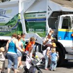 Photographic image provided for use by Touch-a-Truck charity event. Image shows families waiting in a small line to enter the cab of a trash truck.