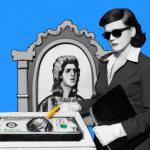 Artistic rendering in the Andy Warhol style, of a tax collector visiting a gravesite. This image was generated by Dall-E, an artificial intelligence image generator, under user license.