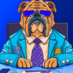 Sole Proprietorship Bulldog. This is AI-generated artwork showing a serious adult English bulldog seated at a desk, wearing sunglasses and a business suit. This is supposed to suggest a business person.