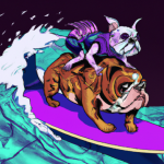 Whimsical AI-generated artwork depicting an English bulldog puppy riding on the back of a stout adult English bulldog. The image connotes the assistance an agent provides within a durable power of attorney.