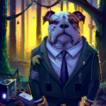 AI-generated artistic rendering of an English bulldog wearing a suit while standing in what appears to be a rain forest or other wooded forest. Expression is mindful and friendly.