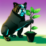 AI-generated artistic rendering of a strong and intelligent English bulldog planting a tree in a ceramic pot. Provides a hint of environmental consciousness.