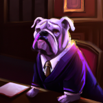 AI-generated artistic rendering of an English bulldog wearing a suit, seated at a conference table where there are documents.