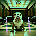 AI-generated artistic rendering depicting a seated English Bulldog in what appears to be an office lobby. Professional and futuristic.